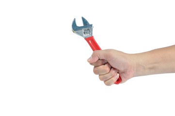 Man hand holding manual wrench isolate on white background, clip