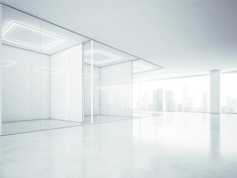 Blank office interior with big windows. 3D rendering
