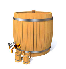 Wooden barrel with wine and wooden clubs.