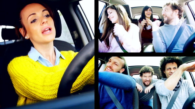 Happy people dancing in car split screen