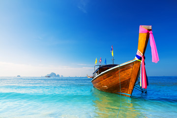 Long boat and tropical beach, Andaman Sea, Thailand - obrazy, fototapety, plakaty