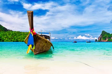 Fotobehang Long boat and tropical beach, Andaman Sea, Thailand © preto_perola