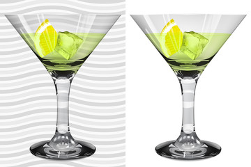 Transparent and opaque realistic glasses with martini and lemon