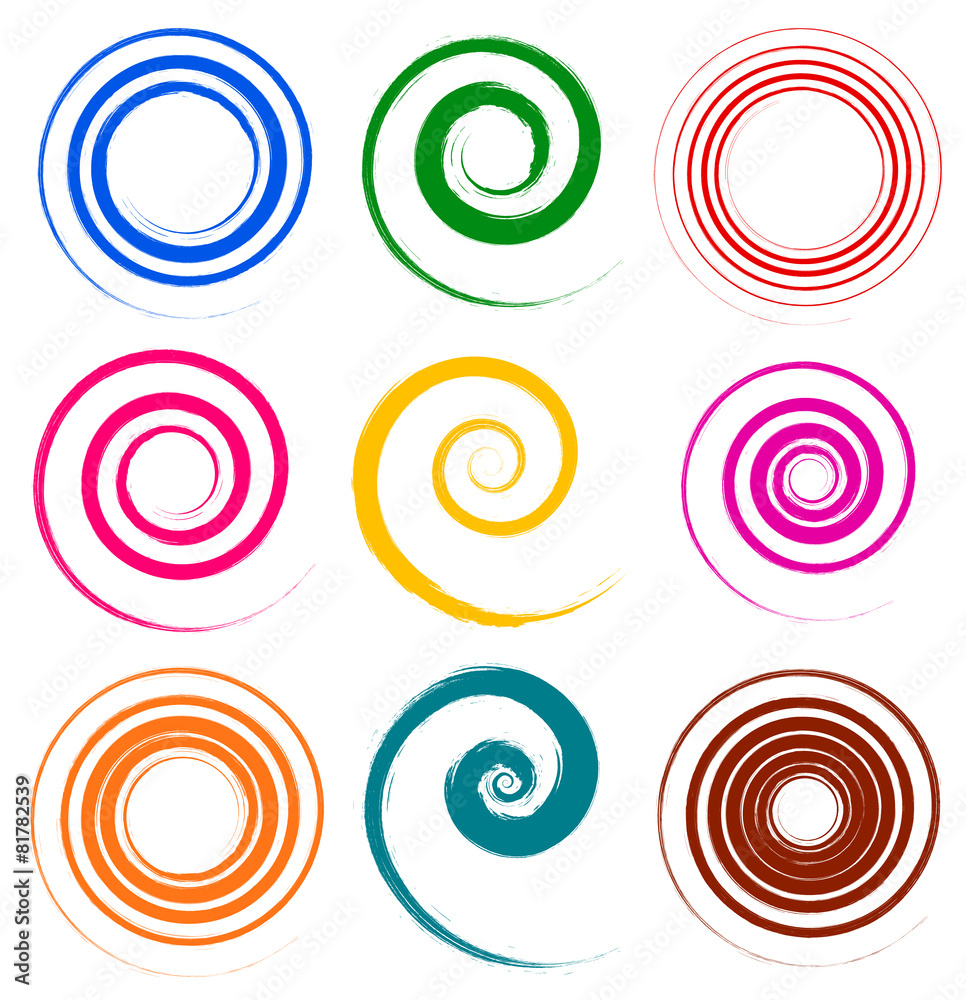 Poster set of colorful, grungy spiral elements