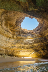 Inside the cave on the coast of the Algarve in Portugal.
