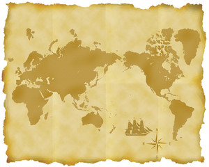 古い世界地図とコンパスと帆船