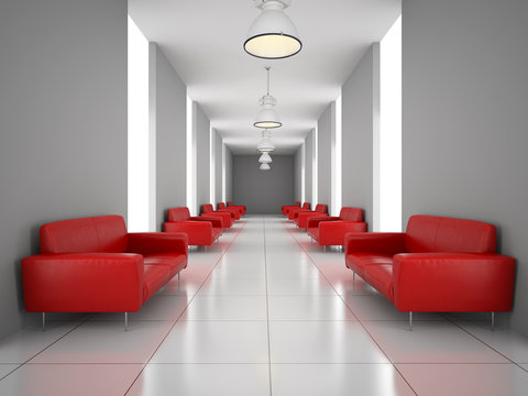 Abstract hall with a red sofa wall 3D rendering