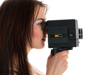 woman looking at the viewfinder Soviet camera