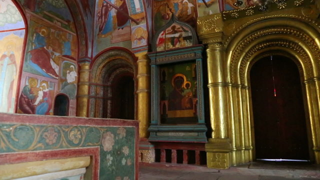 interior of the temple with ancient paintings in Rostov Veliky -