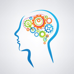 man's head with brain made of gears, think and concentration pro