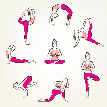 set of yoga and pilates poses symbols, stylized vector symbols,