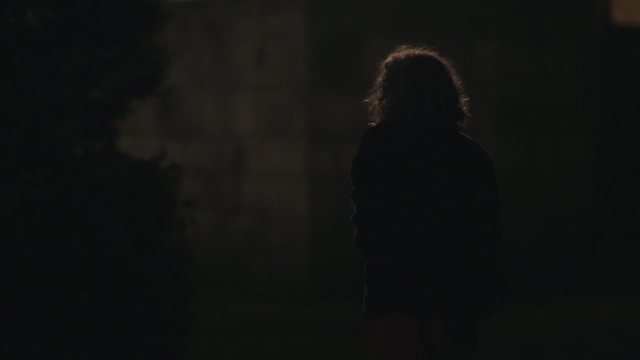 Frightened girl in the park at night,  street light goes out