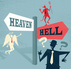 Abstract Businessman at Heaven and Hell Signpost.