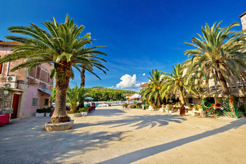 Obraz na płótnie Canvas Stari grad on Hvar island palm waterfront