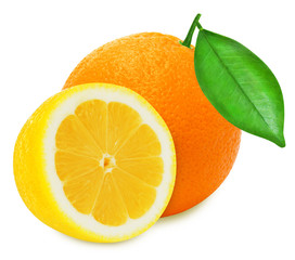 Lemon and orange with leaf on white background isolated