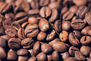 Brown coffee beans, close-up of coffee beans for background 