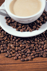 Latte coffee, cup of espresso, coffee bean
