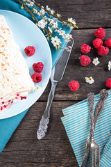 homemade fresh raspberry cake with fruits, from above