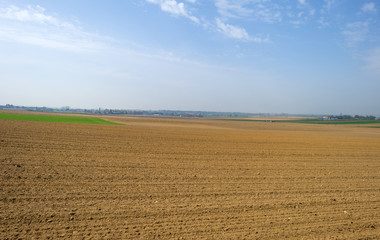 Panorama of a sunny plowed field in spring