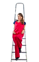 young woman in  red jumpsuit on  ladder