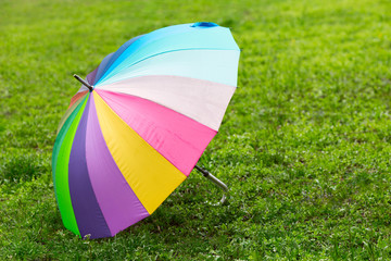 Rainbow umbrella on the green grass