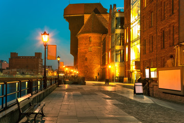 Old medieval Crane at night in Gdansk, Poland.