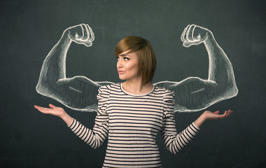 woman with sketched strong and muscled arms