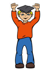 Happy boy with hands up. He wears a graduation hat and smiling.