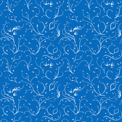 Fototapeta na wymiar Seamless pattern with thin stems and flowers, white on blue