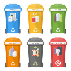 flat style colorful separated garbage bins icons labels .