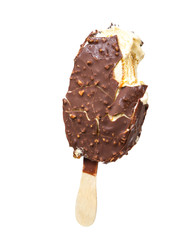 Vanilla ice cream with soft caramel in chocolate glaze on a stic