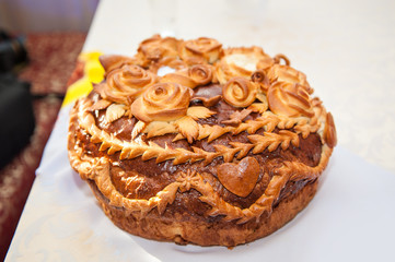 Beautiful loaf Ukrainian loaf on the wedding table