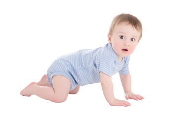 side view of amazed baby boy toddler isolated on white