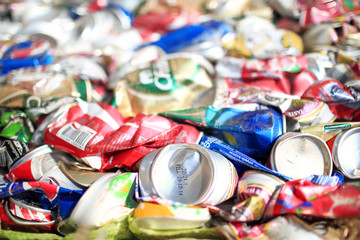 Suratthani,Thailand,February 2,2015:Aluminium cans pressed and p