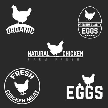 Set chicken and eggs logo emblem. Natural fresh farm