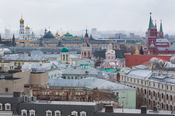 Panoramic view of the building from the roof of Moscow in cloudy