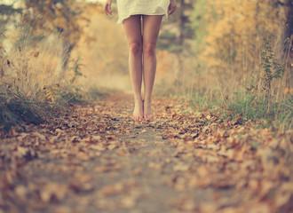 Beautiful female legs in the autumn road