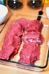 Raw meat selection on glasswares