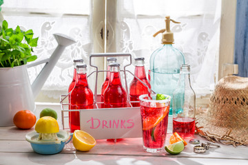 Tasty red orangeade in bottle with mint leaf