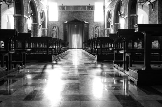 Church internal view. Black and white photo
