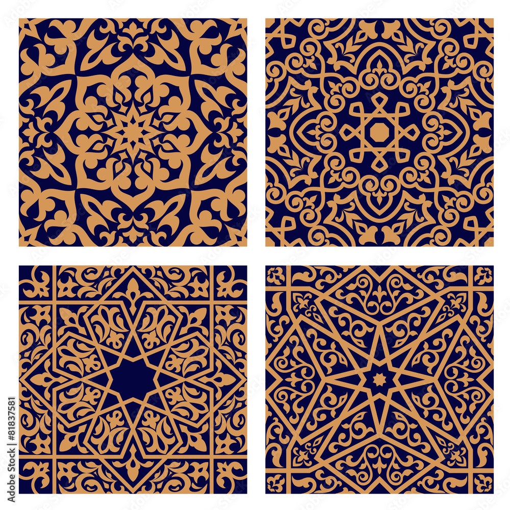 Poster arabic geometric seamless patterns with foliage elements
