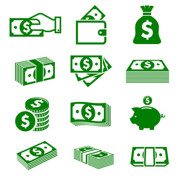 Green paper money and coins icons
