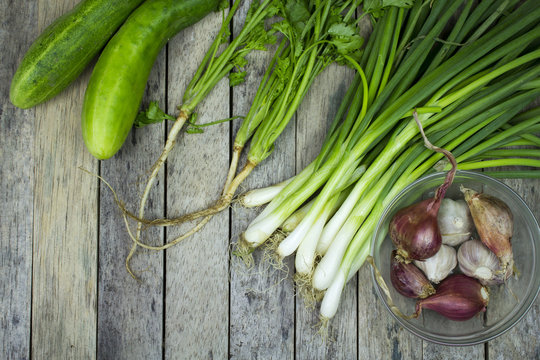 onion welsh, onion, garlic, cucumber and coriander
