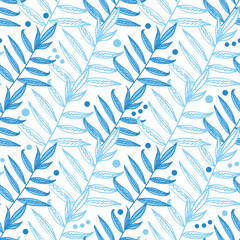 Vector blue line art leaves seamless pattern background