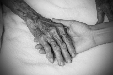 Hands of the old woman. Black and White.