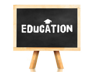 education word and Graduation cap icon on blackboard with easel