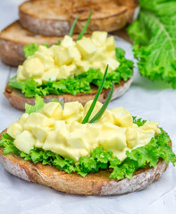 Egg salad and lettuce on nut bread garnished with green onion