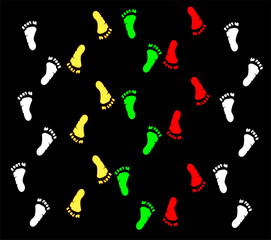 Plakat red yellow green black track footprints on a black background