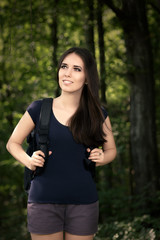 Happy Hiking Girl with Travel Backpack