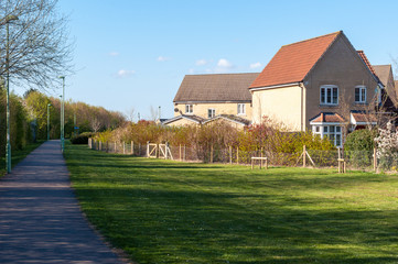 Modern houses and a path in rural Suffolk, Bury St Edmunds, UK